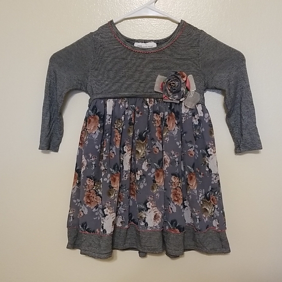 Bonnie Jean Grey Floral Bow Little Girls Lined Long Sleeve Dress - 3T - Picture 1 of 12